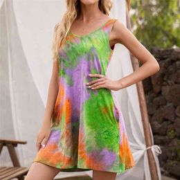 Women's Sleeveless O Neck Pocket Tie Dye Printed Vest Camisole Dress Summer Beach print mini dress casual dresses women 210508