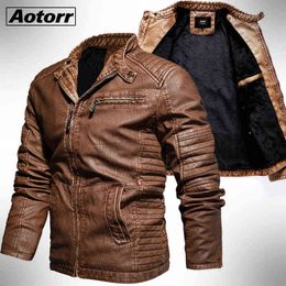 Men Winter Fleece Motorcycle PU Leahter Jacket Thick Slim Fit Design Brown Coat Male Stand Collar Pleated Jacket Plus Size 4XL Y1109