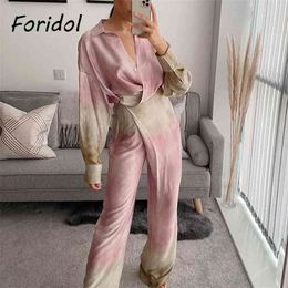 Oversized Tie-dyed Satin Pant Sets Women Spring Autumn Casual Boho Long Pants Suit Clothing Matching Set 210427