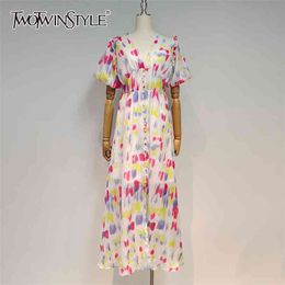 Print Vintage Dress For Women V Neck Puff Short Sleeve High Waist Hit Color Single Breasted Mid Dresses Female 210520