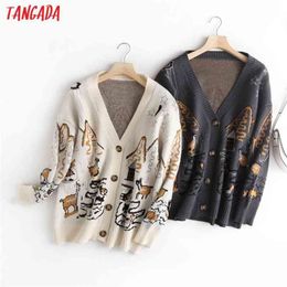 Tangada autumn winter women funny print cardigan vintage jumper lady fashion oversized knitted coat 1M11 210922