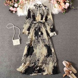 Vintage Long Dress Full Sleeve Spring Fall Loose A-Line Printed Leopard Pleated Women Dress Elegant Robe y1470 210806