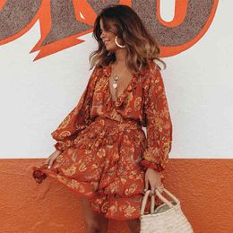 Ruffle Lace Wrap Dress Women Vintage Lantern Sleeve Embriodery Orange Dress Beach Boho Summer Spring Short Dress Cotton 210415