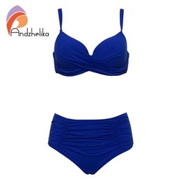 Andzhelika Bikini Solid Fold Swimsuit High Waist Set Summer Sexy Plus Size Swimwear Bathing Suit Biquini 210624