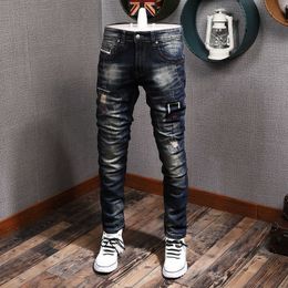 Ly Designer Fashion Men Jeans High Quality Retro Dark Blue Ripped Denim Pants Streetwear Elastic Slim Fit Hip Hop Trousers BVJS