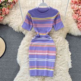 Women Dress Summer Korean Robe Contrast Colour Stripe Slim Bodycon Dresses Short Sleeve O Neck Knitted Vestidos 4i760 210519