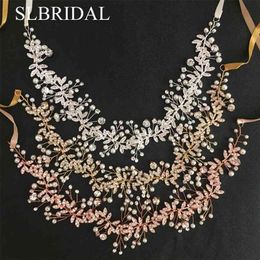 SLBRIDAL Rose Gold Crystal Pearls Wedding Hair accessories Hairband Bridal Headband Bridesmaids Jewellery Women 210707
