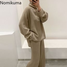 Nomikuma Korean Causal Knitted Two Pieces Sets Turtleneck Long Sleeve Sweater + Stretch Waist Wide Leg Long Pants Suits 6D457 210427