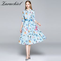 Floral Women Midi Shirt Dress Bohemian A-Line Turn Down Collar Ribbon Belted Female Flower Print Blue Dresses 210416