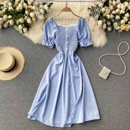 Sweet Women's Summer Fashion Lace Square Collar Elastic Slim A-line Casual Dress Short Sleeve Vestidos De Mujer S254 210527