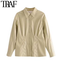 TRAF Women Fashion Faux Leather Pleated Bloues Vintage Long Sleeve Snap-button Female Shirts Blusas Chic Tops 210415