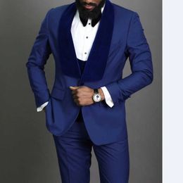 Royal Blue Groom Tuxedos for Wedding with Velvet Shawl Lapel Slim Fit Formal Men Suits 3 Pieces Jacket Vest Pant African Fashion X0909