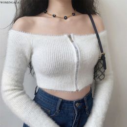 WOMENGAGA Sexy Slim-fit Shoulder Zipper Knitwear Off-shoulder High Waist Short Pullovers Top For Women C4BW 210603