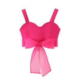 Sexy OrganBow Cropped Knitted Blouses Backless V Neck Straps Female Shirts Spliced Rose Red Chic Tops 210430