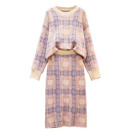 Women Knitted Set Pink O Neck Plaid Long Sleeve Top Loose Midi Skirt 2 Two Pieces Elegant Autumn T0249 210514