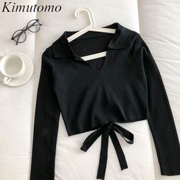 Kimutomo Women Bow Striped Lace Up Knitted Sweater Spring Chic Korean Girls Casual Turn-down Collar Long Sleeve Tops 210521