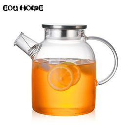 1L/1.5L Transparent Glass Teapot Heat Resistant Flower Kettle Water Jug with Bamboo/Stainless Steel Cover Clear Juice Container 210813