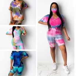 Women Tracksuits With Mask Two Pieces Sets Short Sleeve V Neck Tops Shorts 2 Pieces Suits Ladies Sports Suit Skinny Outdoor Wear J325