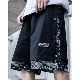 Men's clothes Harajuku Embroidery Hip hop streetwear Button fake two pieces trend loose tide Shorts wind summer five point pants H1210