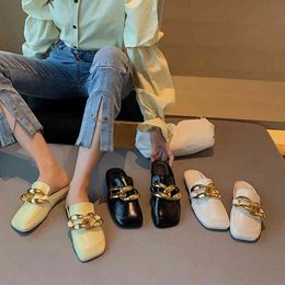 SUOJIALUN 2021 New Brand Women Gold Buckle Slipper Elegant Square Toe Slip On Mules Shoes Flat Heel Sandal Casual Outdoor Slides C0407