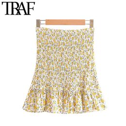 TRAF Women Sweet Fashion Floral Print Ruffled Mini Skirt Vintage High Elastic Waist Smocked Female Skirts Mujer 210415