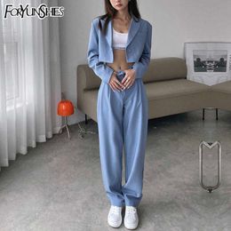 Women Sexy One Button Casual Cropped Blazer Jacket+High Waist Straight Draping Effect Pants Autumn Korean Harajuku Suits 210930