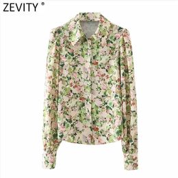Women Sweet Floral Print Breasted Casual Smock Blouse Office Lady Puff Sleeve Business Shirt Chic Blusas Tops LS7513 210416