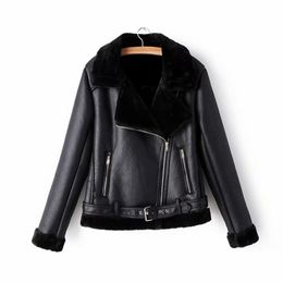 elegant women faux lamb wool fur leather jacket winter fashion lady sashes black outerwear streetwear female zipper suits 210527