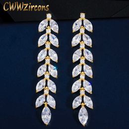 Marquise Cut Cluster CZ Zirconia Crystal Long Dangle Leaf Earrings Yellow Gold Bridal Wedding Jewelry for Women CZ603 210714