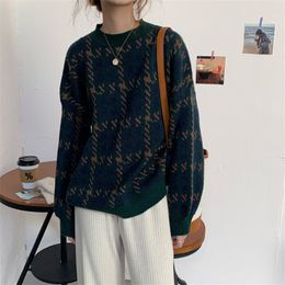 Autumn Winter OL Outwear Vintage Print Pullover Tops Warm Sweater Women Elegant Loose Christmas Knitted Sweaters 210421