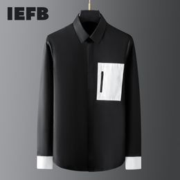 IEFB Spring Black And White Colour Block Patchwrok Cuff Pocket Zipper Decoration Men's Fashionable Long Sleeve Shirts 9Y5606 210524