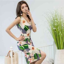 Green Sexy Office dress for women Summer Sleeveless V neck linen Ladies irregular elegant print Korea bodycon 210602