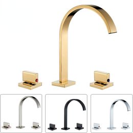 Black Golden Bathroom Basin Faucet Hot and Cold Water Faucet Widespread Dual Handle Mixers Tap Deck Mount Wash Tub Fauctes