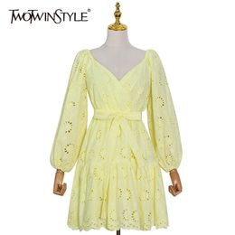 White Elegant Lace Up Bowknot Dress For Women V Neck Long Sleeve High Waist Hollow Out Mini Dresses Female 210520