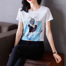 Ice Silk Stretch Satin Printed T-shirt Woman Short Sleeve T-Shirts Summer Loose Casual Character Tops Female 210601