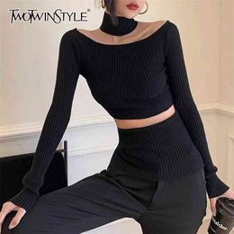 Black Slim Knitted Tops For Women Turtleneck Long Sleeve Hollow Out Casual Sweaters Female Fashion Clothing 210524