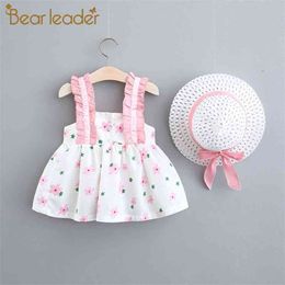 Bear Leade Girls Baby Summer Dresses Toddler Sleeveless Floral Print Vestidos born Sweet Holiday Beach Clothing with Hats 210429