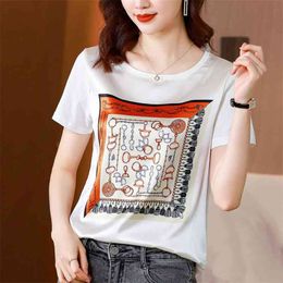 Summer Satin printing T-shirt Tops Women white Short Sleeve Casual O Neck Large size M-3XL woman tshirts 210507