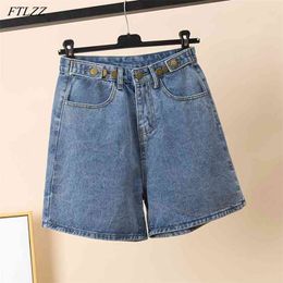 Summer Women High Waist Slim Denim Shorts Casual Female Button Zipper Vintage Ladies Blue 210430