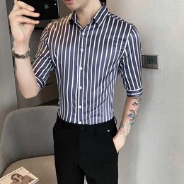 Striped Shirts Men Business Casual Dress Short Sleeve Slim Fit Social Party Male Clothing Streetwear Camisas Para Hombre 210527