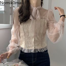 Nomikuma Perspective Mesh Lace Patchwork Women Blouse Long Sleeve Bow Tie Collar Slim Elegant Blusas Femme Korean Shirt 6E091 210427