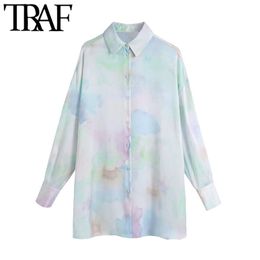 Women Fashion Tie-dye Print Loose Cosy Blouses Vintage Long Sleeve Button-up Female Shirts Blusas Chic Tops 210507