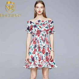 Designer Runway Women's Summer Dress off the Shoulder Elastic Waist Floral Print Elegant Mini es Ladies Short 210506