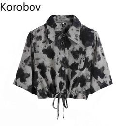 Korobov New Print Women Blouses Korean Hit Colour Patchwork Short Sleeve Blusas Mujer Vintage Sweet Single Breasted Shirts 210430