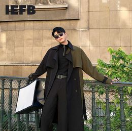 IEFB Men's Colour Block Patchwork Mid Length Windbreaker With Sashes Loose Casual Streetwear Long Trench Coat 9Y4346 211011