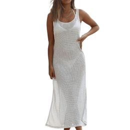 Sexy Woman Summer Beachwear Dress Cover-up See-through Swimsuit Sleeveless Backless Split White Solid Colour Long 210522