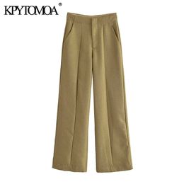 KPYTOMOA Women 2021 Chic Fashion Side Pockets Straight Linen Pants Vintage High Waist Zipper Fly Female Trousers Mujer Q0801