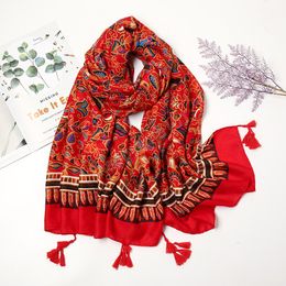 Printed Scarf Female Autumn Warm Tassel Scarves Luxury Women Muslim Hijab Large Size Islamic Turban Bandana 180*85cm