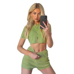Woman Casual Wear Two Piece Dress Short Sleeve Shorts Round Neck High Waist Summer Daily Cozy Breathable Buttons Solid Color YCH