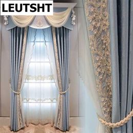 High-quality Modern beautiful European lace Style Solid Color Luxury Blue Shade lace Curtain for Living Room Bedroom customize 211203